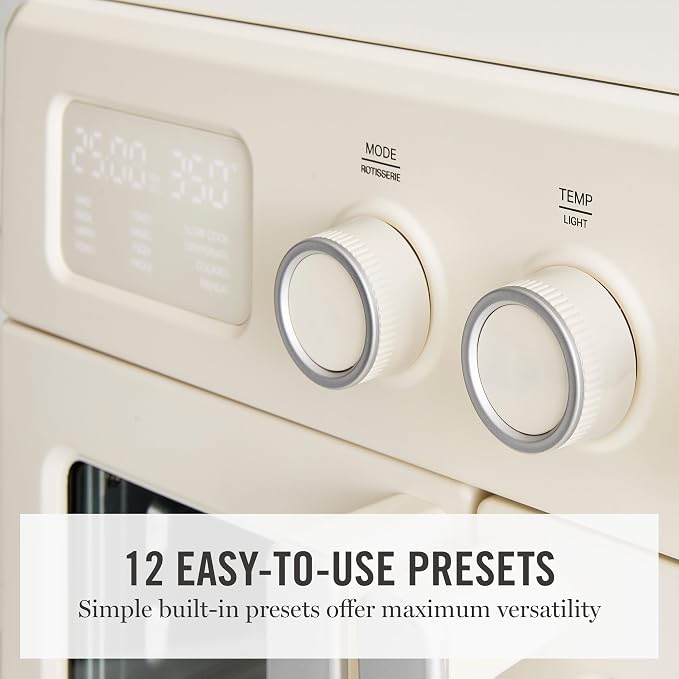 Martha Stewart French Door Air Fryer Toaster Oven Combo, 34QT Countertop Convection, 12-in-1, Bake, Broil, Roast, Fits 12” Pizza, Dehydrate, 5 Accessories, Air Fry Basket, Stainless Steel, Linen Cream