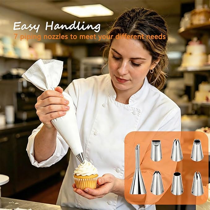 KINGYEENUO Piping Bags and Tips Set, Reusable Cake Decorating Supplies | 16 Inch Cotton Pastry Bags with Stainless Steel Icing Nozzles, Leak-Proof Cake Kit for Cupcakes, Cookies, (Dishwasher Safe)