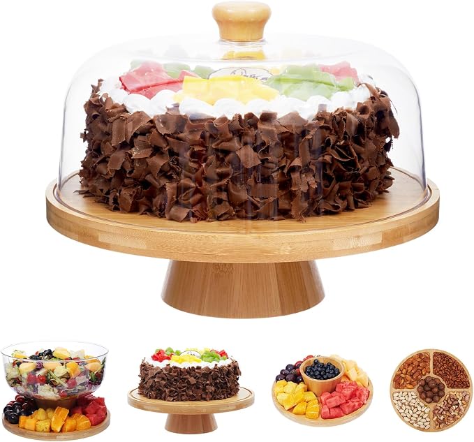 Bamboo Cake Stand with Lid, 6-in-1 Multifunctional Cake Plate, Cake Holder, Serving Tray, Fruit Platter, Salad Bowl, Dessert Table Display & Acrylic Cake Dome Cover
