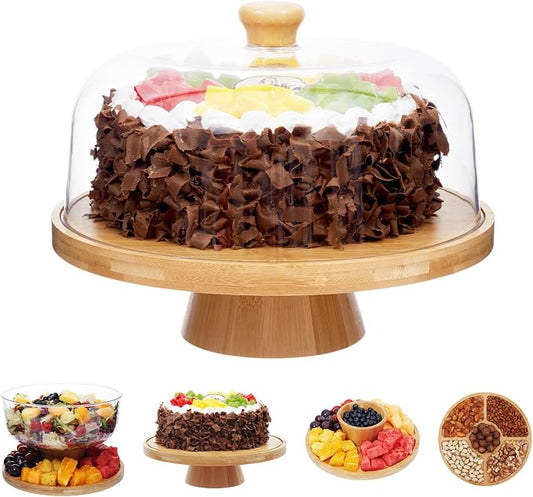 Bamboo Cake Stand with Lid, 6-in-1 Multifunctional Cake Plate, Cake Holder, Serving Tray, Fruit Platter, Salad Bowl, Dessert Table Display & Acrylic Cake Dome Cover