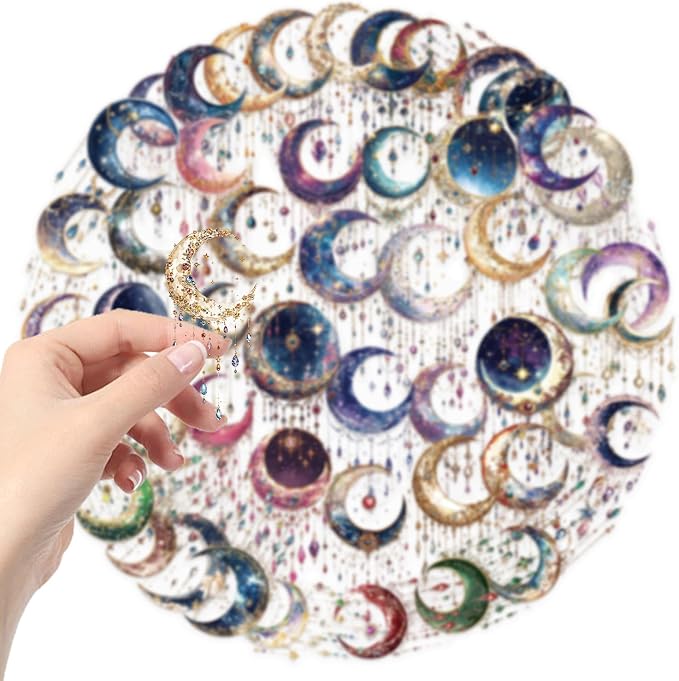 50PCS Dreamy Moon Crystal Gem Stickers Fashionable Transparent PET Material Decorative Sticker Clear Celestial Vinyl Decals with Stars,Crystals Galaxy Designs for Collectors,DIY Lovers...(Moon)