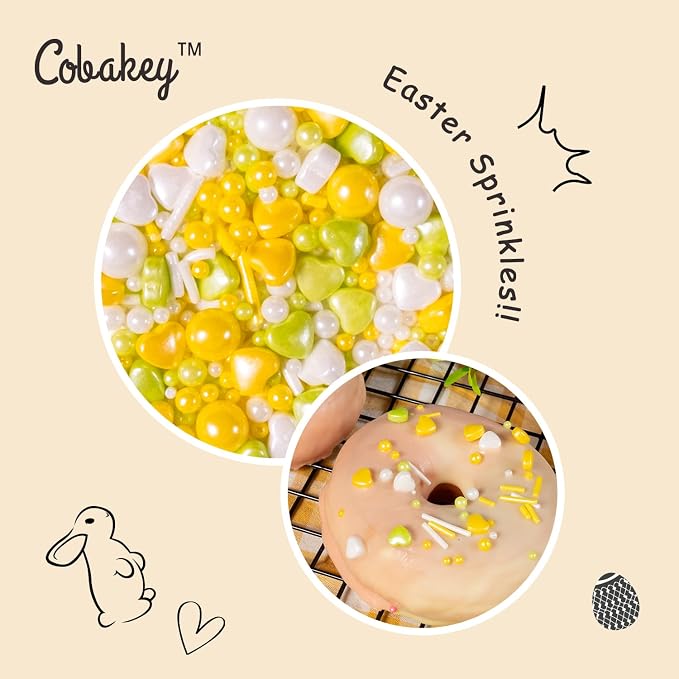 Cobakey Easter Sprinkles for Cookies 4.23 Ounce Spring Sprinkles for Baking Yellow & Green Edible Heart Perfect for Easter Cake Decorations, Baking, Ice Cream, Cookies, Cupcake Topper