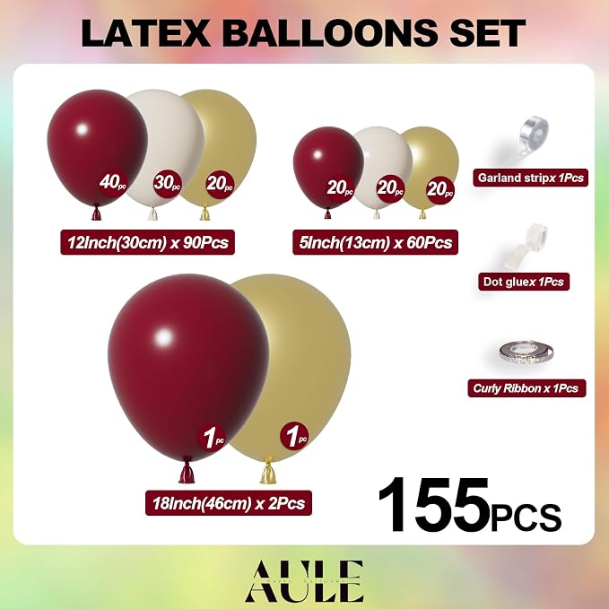 AULE Burgundy Balloon Arch Kit 155Pcs Burgundy Gold Sand White Maroon Balloons Garland for Birthday Wedding Graduation Anniversary Bridal Shower Theme Party Decoration