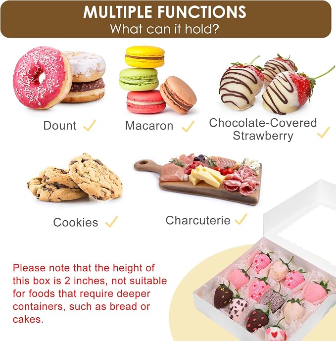Moretoes 12pcs Bakery Boxes, 8x8x2 Inches Auto-Popup Cookie Boxes with Window, White Treat Containers for Chocolate Strawberries, Donuts, Desserts, Pastries, Mother's Day