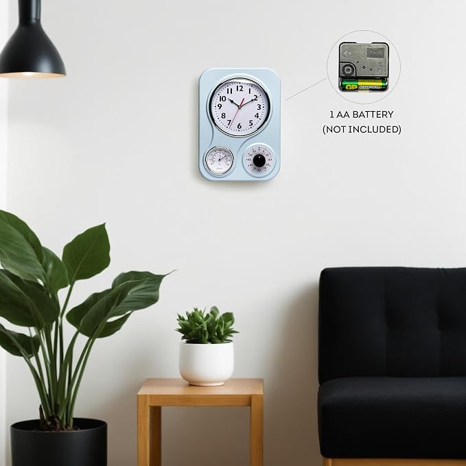 Lily's Home - 9 Inch x 12.5 Inch - Retro Kitchen Wall Clock, Vintage Wall Clock with a Thermometer and 60-Minute Timer, Ideal for Any Kitchen, Office, or Diner (Light Blue)