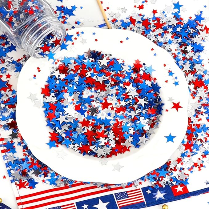 4th of July Confetti, Red White Blue Star Confetti, 60g Metallic Glitter Foil Sequins Patriotic Table Scatter Independence Day Star Sprinkles for Fourth of July Memorial Day American Party Supplies
