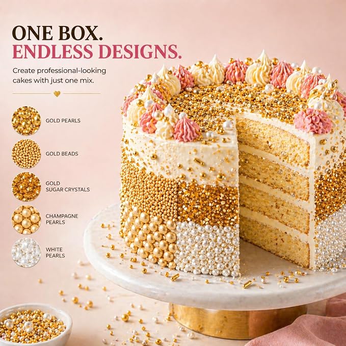Confect Pearl Sprinkles | Christmas | Golden Sunshine Disco Ball Mashup Mix Champagne Gold Dragees Golden Sparkling Sugar - Vegan, Gluten-Free, Nut-Free, Soy-Free, Dairy-Free, Palm Oil-Free, No Artificial Dyes - 5 Oz