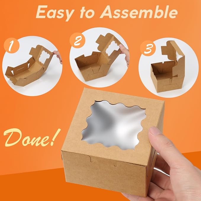 Brown 50pcs Cookie Boxes for Gift Giving, 4x4x2.5 Inches Small Bakery Boxes with Window, Kraft Paper Treat Boxes, Pastry Boxes for Dessert, Macarons, Cupcake, Donuts,Valentine, Wedding & Home Use