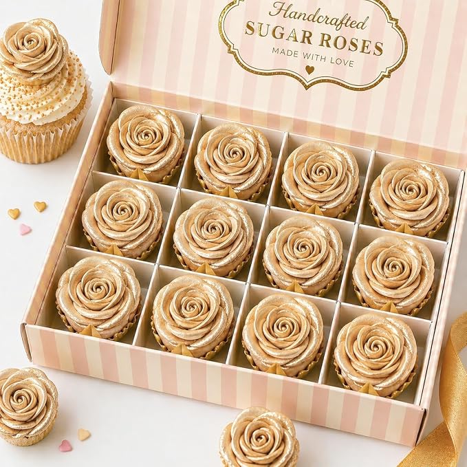 Confect Metallic Edible Champagne Gold Roses | Christmas Cupcake Toppers | Edible Flower For Cake Decorating | Pack Of 12 Edible Metallic Sugar Flowers for Cake Decorating