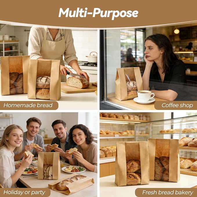 Tripho 50 Pcs Bread Bags for Homemade Bread with Clear Window & 60 Stickers, Sourdough Bread Bags for Storage of Bread,Cookies & Snacks, Large Bakery Paper Bags