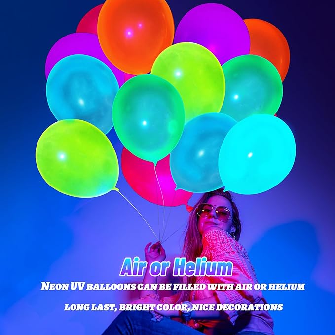 60 Pcs UV Neon Balloons, 7 Colors Blacklight Reactive Fluorescent Balloons Glow in the Dark Birthday Decorations for Birthday, Wedding, Neon Party, Glow Party Decorations Supplies