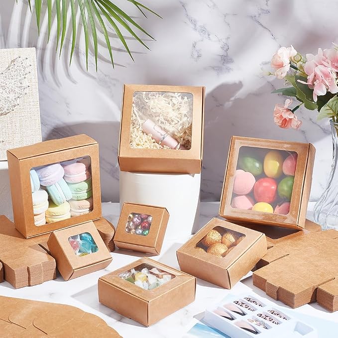 BENECREAT 48 Packs 2.17x2.17x0.98 Inch Brown Kraft Paper Box with Clear Windows Foldable Paper Gift Box Goodies Candy Box Dessert Box for Party Wedding Bakery Packaging