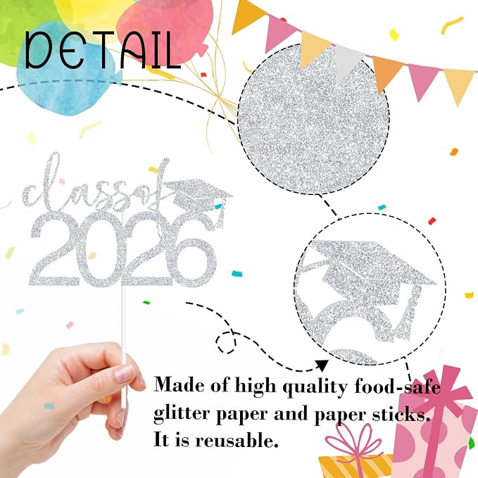 Class of 2026 Cake Topper, Congrats 2026 Cake Décor, Congrats Grad, Happy Graduation, High School/Senior/University Graduation Party Decorations Silver Glitter