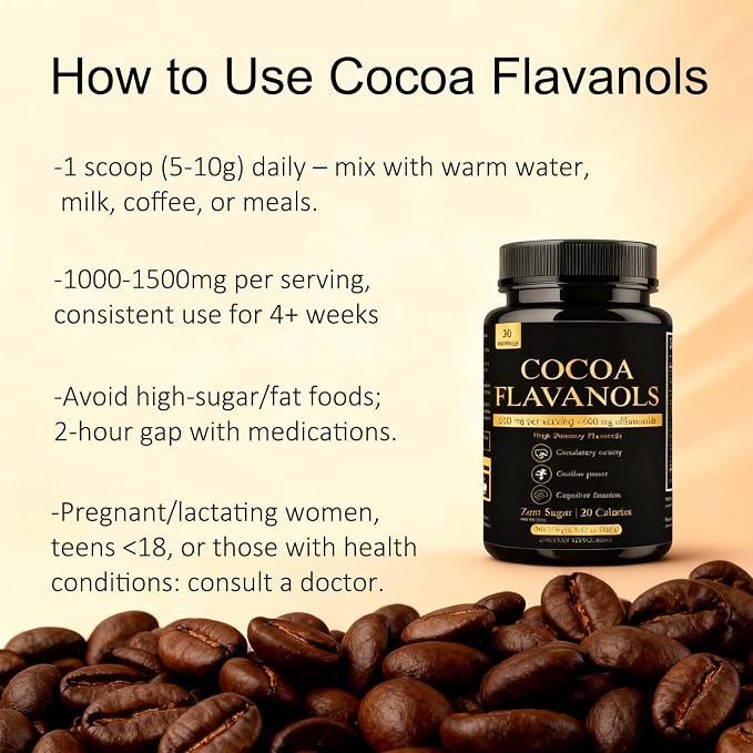 High Flavanol Cocoa Powder Supplement with 1200mg Flavanols & Flavonoids (600mg Epicatechin) for Heart Health, Nitric Oxide Support & Energy, 10X More Flavanols Than Regular Cocoa Powder (01)