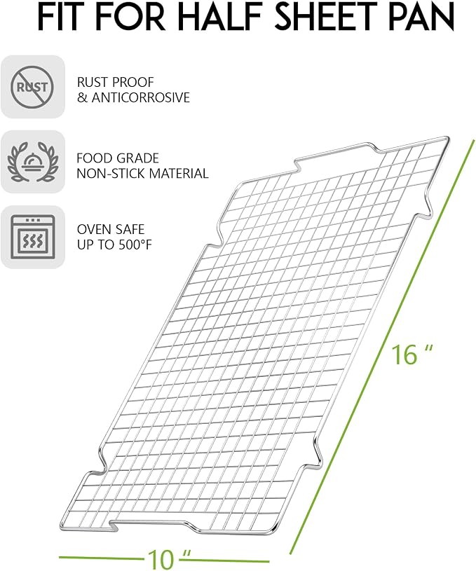 HULISEN 4 Pack 304 Stainless Steel Cooling Rack - 16" x 10" Baking Rack with Handle fits Half Sheet Pan, Wire Cookie Cooling Racks for Baking, Roasting, Grilling, Drying, Oven Safe, Dishwasher Safe