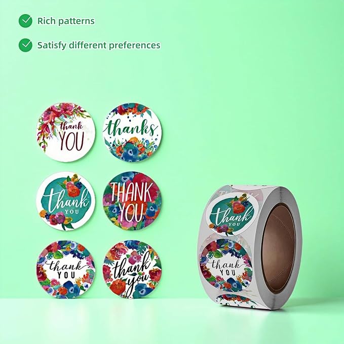 500pcs Floral Thank You Stickers Roll,1 Inch Circle Gift Seals for Packaging, 6 Patterns,Pink Rose Design,Bakery,Cards,Envelopes-Waterproof Adhesive Labels (Blue)