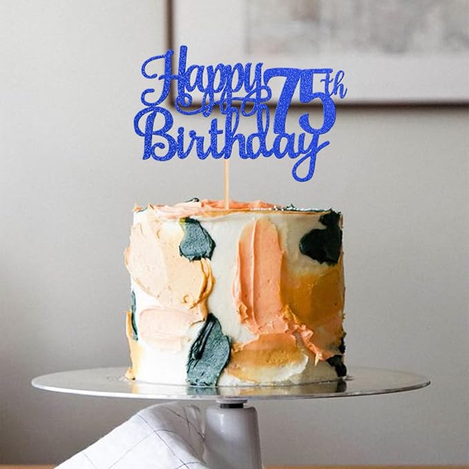 1 PCS Happy 75th Birthday Cake Topper Glitter Cheers to 75 Years Birthday Cake Pick Seventy Five 75 Fabulous Cake Decoration for Happy 75th Birthday Theme Party Decorations Supplies Blue