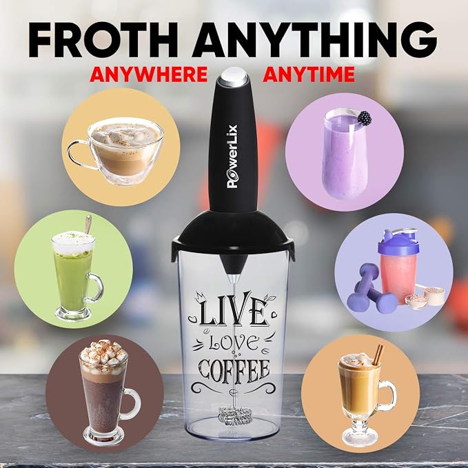 PowerLix Powerful Handheld Milk Frother With Stand Battery Operated Foam Maker Frother Wand For Coffee (A Black) (No Stand Cup Set)