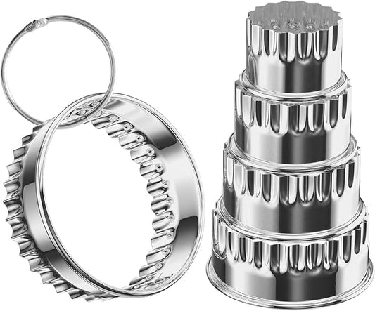 Fluted Round Cookie Cutter (2”, 2.4”,2.8”, 3.1”, 3.5”), Scalloped Biscuit and Circle Crinkle Cracker Cutters Set, Heavy Duty, Food-Grade Stainless Steel
