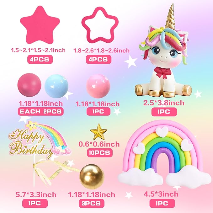 29 PCS Unicorn Cake Topper, Unicorn Rainbow Cake Decorations with Rainbow Stars Unicorn Balls Happy Birthday Cake Decorations for Boys Girls Kids Birthday Party Baby Shower Supplies (Star)
