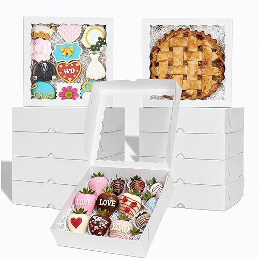 TEMLQPACK 50pcs 9x9x2.5 Inches White Bakery Boxes - Cookies, Pie, Chocolate Covered Strawberries, Breakable Heart, Charcuterie Boxes for Valentine's & Christmas
