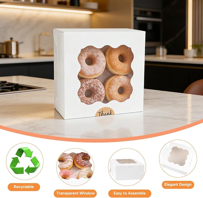 50Pcs Cookie Boxes with Window, 4×4×2.5 Inches White Paper Treat Boxes for Bakery Dessert Pastry Mini Cake Favor Donut Baked Goods (with Stickers)