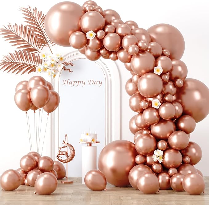 Voircoloria 130pcs Metallic Rose Gold Balloons Different Sizes 18" 12" 10" 5" Chrome Rose Gold Balloon Garland Arch Kit for Graduation Birthday Baby Shower Wedding Anniversary Party Decorations