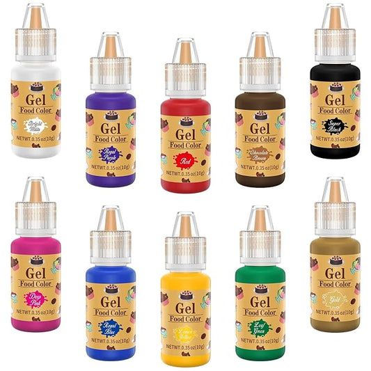 Gel Food Coloring 10 Colors, E-Kongton Food Coloring Gel Cake Color Set,Vibrant Icing Colors Flavorless Edible Foods Dye for Baking Icing Fondant Cake Decorating Clay DIY Supplies Kit .35 Fl. Oz(10ml)
