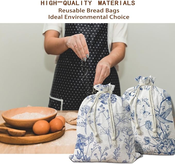 UTELKA Blue Linen Bread Bag for Sourdough Bread 2Pcs 16.5x12 | Chinoiserie Homemade Bread Bag, Baker Gifts, Reusable Linen Bag, Beeswax, Housewarming Gifts, Sourdough Bread Bag