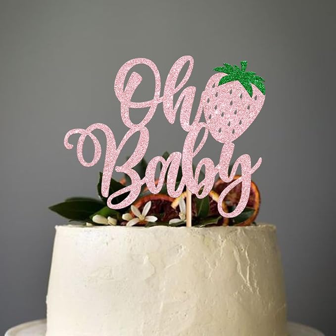 1 Pack Sweet Oh Baby Cake Topper Glitter Strawberry Cake Pick Fruit Berry Cake Decoration for Summer Baby Shower Kids Birthday Party Supplies Pink