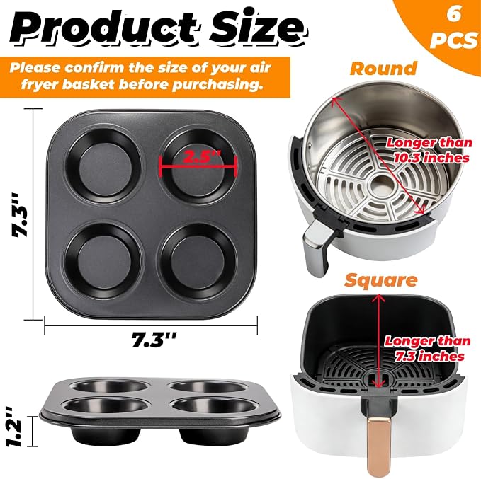 6 Pack Air Fryer Muffin Pan, 4 Cup Non-Stick Small Oven Cupcake Baking Pan, Carbon Steel Round Muffin Tin Bakeware Cake Mould for Egg Muffin, Quiches, Frittatas