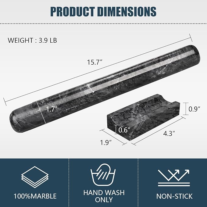 Marble Rolling Pin with Stand, 15.7" Black Stone French Heavy Polished Non Stick Cookie Pizza Pastry Dough Baker Roller for Kitchen Baking