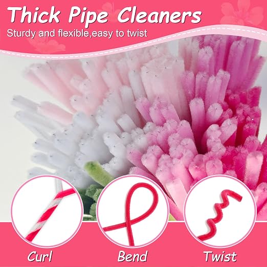 600pcs Pink Pipe Cleaners Bulk and 300pcs Pompoms - Fluffy Fuzzy Wire, Pastel Pom Poms Chenille Stems for Arts & Crafts, Ideal for Making Flowers Animal Thanksgiving Christmas Party Supplies