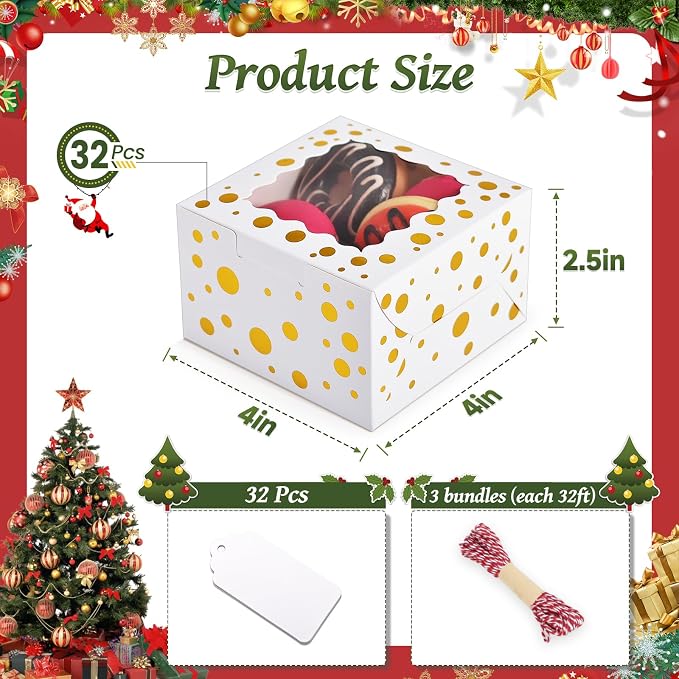 32Pcs 4x4x2.5 in Christmas Cookie Boxes with Window, White Bakery Boxes for Cookie, Treat Boxes Pastry Boxes for Gift Giving, Chocolate Covered Strawberries, Dessert, Donut, Cupcakes Muffins