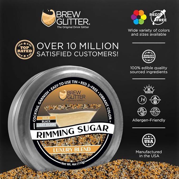 Brew Glitter Rimming Sugar Luxury Blend (Gold, Light Silver & Black) 4oz, 1x Bar Tin Cocktail Garnish for Mixed Drinks & Refreshments
