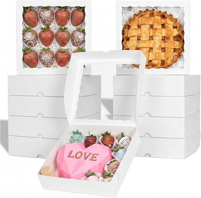 TEMLQPACK 6pcs 10x10x2.5 Inches White Bakery Boxes with Window, Pie, Cookies, Chocolate Covered Strawberries, Breakable Heart, Charcuterie Boxes for Christmas