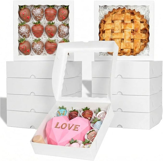 TEMLQPACK 6pcs 10x10x2.5 Inches White Bakery Boxes with Window, Pie, Cookies, Chocolate Covered Strawberries, Breakable Heart, Charcuterie Boxes for Christmas