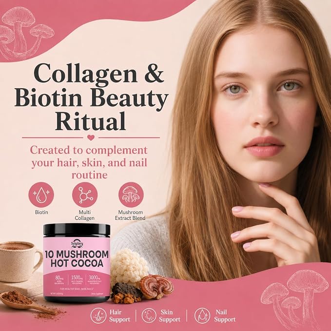 Suiyilary 10 Mushroom Hot Cocoa, 1500mg Collagen, 80mcg Biotin, Sugar Free Keto Cocoa Powder, for Healthy Hair, Skin and Nails, 15 Servings
