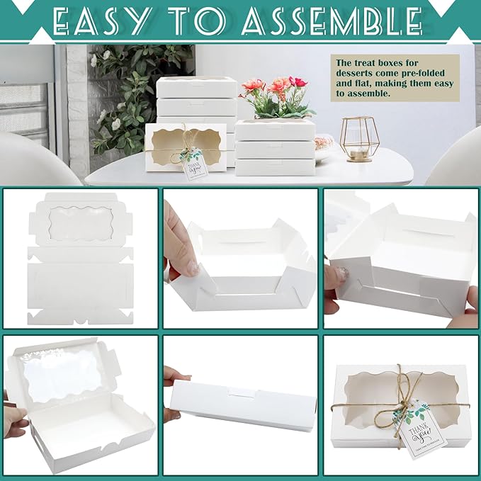 40 Pack Cookie Boxes with Clear Window, 7 x 4 3/8 x 1½ Inch Small White Kraft Candy Boxes Premium Pastry Boxes with Tags Ropes for Cookie Packaging, Dessert, Donuts, Pie, Cupcakes, Parties