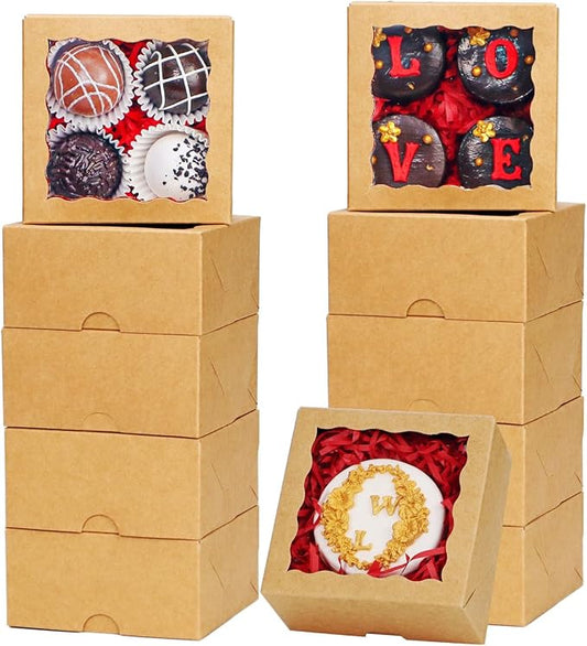 100 Pack Cookie Boxes with Window 4x4x2 Inch,Bakery Boxes, Chocolates Strawberries,Treat Boxes, Mini Cake Boxes, Pastry Dessert Boxes for Candy, Cupcakes- Brown Paper