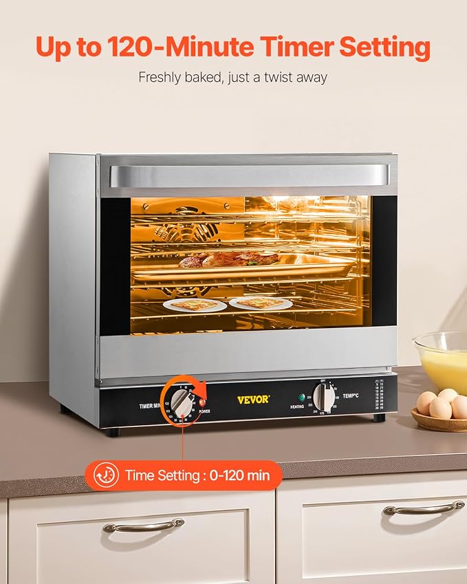 VEVOR Commercial Convection Oven, 66L/60Qt, Half-Size Conventional Oven Countertop, 1800W 4-Tier Toaster w/Front Glass Door, w/Trays Wire Racks Clip Gloves, 120V | 1800W, 4-Tier Toaster, Front Glass Door, Electric Baking Oven with Tray & Wire Racks Inc...