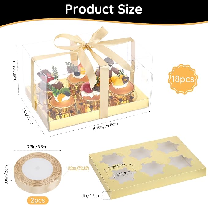 EUSOAR Cupcake Containers, 18 Pack Gold Cupcake Boxes Dessert Cookies Muffins Pastry Carrier 6 Count, Rectangle Bakery Cake Containers Assembly Plastic Holder for Wedding Birthday Party Favor Gifts