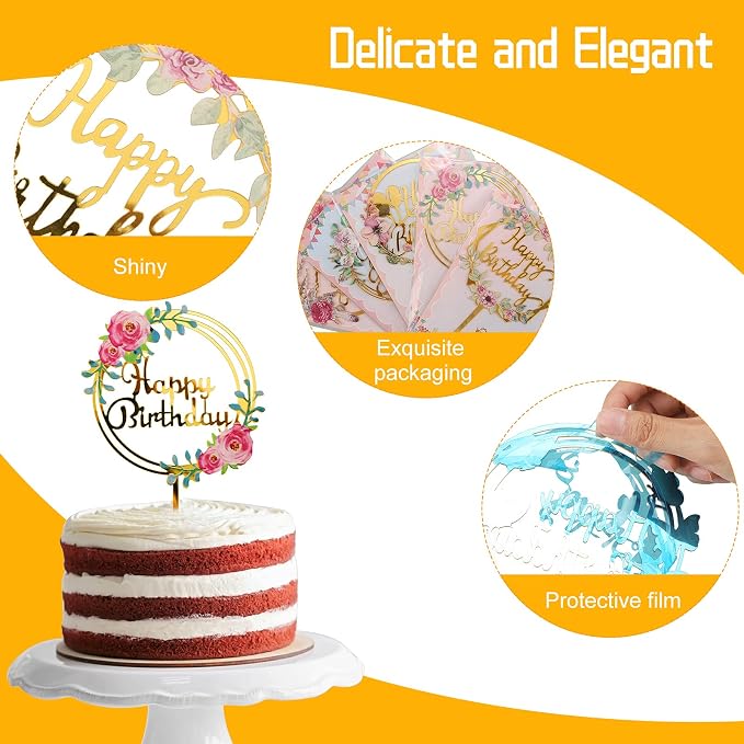 Jetec 6 Pieces Happy Birthday Cake Toppers Gold Flower Acrylic Cupcake Cake Toppers for Various Birthday Party Anniversary Pastries Decorations