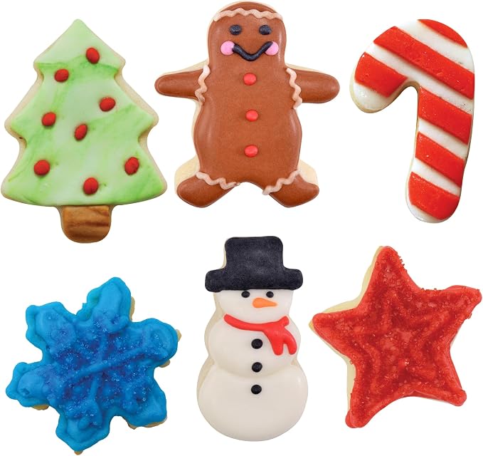 R&M Mini Christmas Cookie Cutter Set. Includes Gingerbread Man, Candy Cane, Snowman, Christmas Tree, Star and Snowflake. Stainless Steel