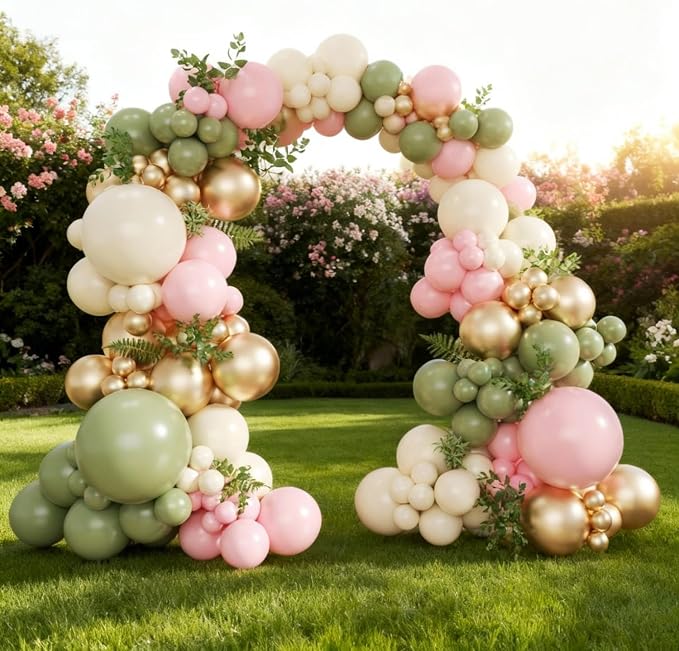 Sage Green Pink Gold Balloon Arch Kit, 128Pcs Sage Green Pastel Pink Light Pink Gold Sand White Balloons for Boho Baby Shower Wedding Bridal Shower Gender Reveal Birthday Party Decorations