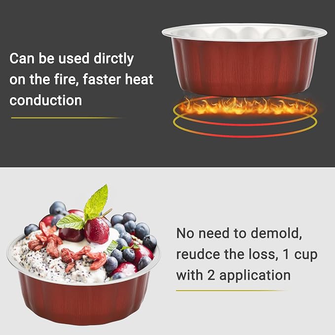 Beasea Disposable Ramekins for Baking, 8oz 100 Pack Aluminum Foil Cups with Lids, Creme Brulee Muffin Cupcake Baking Cup Mini Pudding Cups for Party Wedding Birthday - Wine Red