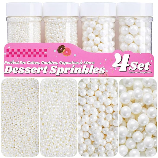 White Pearl Sprinkles for Cake Decorating, 11.3oz/320g Edible Pearls Sugar 4 Jars Set for Baking Cupcakes Cookies Ice Cream