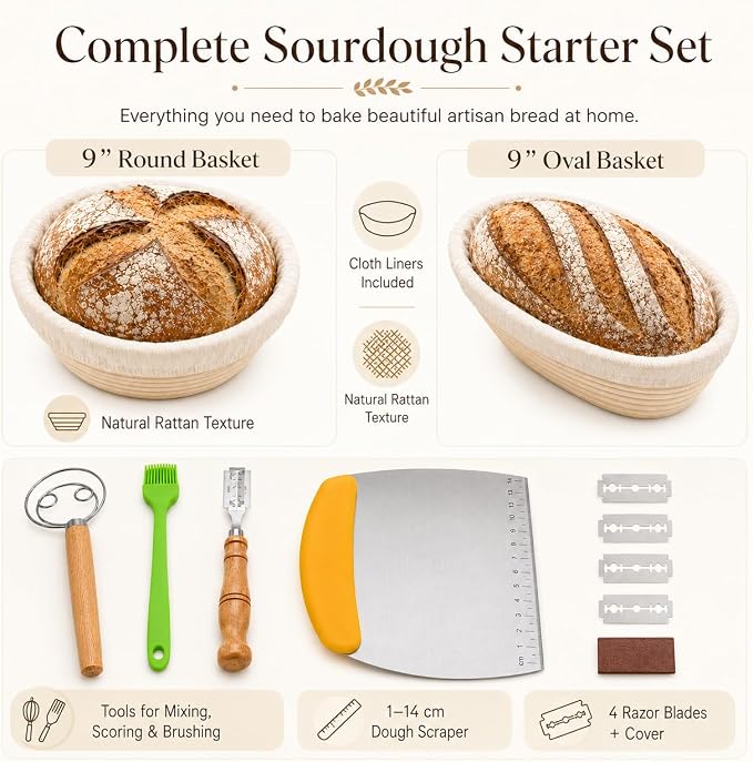 Banneton Bread Proofing Basket Set - 2 Pack 9 Inch Round & Oval Natural Rattan Sourdough Proofing Baskets with Cloth Liners for Artisan Bread Baking Supplies