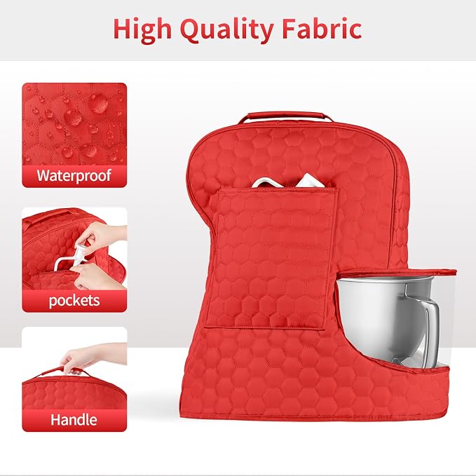 Stand Mixer Dust Cover Compatible with KitchenAid Mixer - Storage Bag for 6/7/8 Quart Bowl Lift with Pockets for Accessories and Attachments(Red,Fits for 6-8 Quart）
