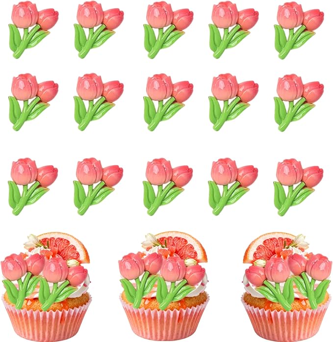 15PCS Flower Birthday Cupcake Toppers Decorations, Pink Tulip Cupcake Toppers Baby Shower Decorations for Girls Women, Baby in Bloom Spring Floral Cup Cake Toppers for Garden Theme Party